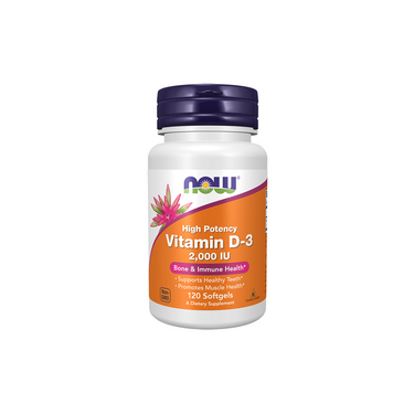 A bottle of Now Foods Vitamin D3 2000 IU (50 mcg) with 120 softgels, formulated to support bone health and immune system function.